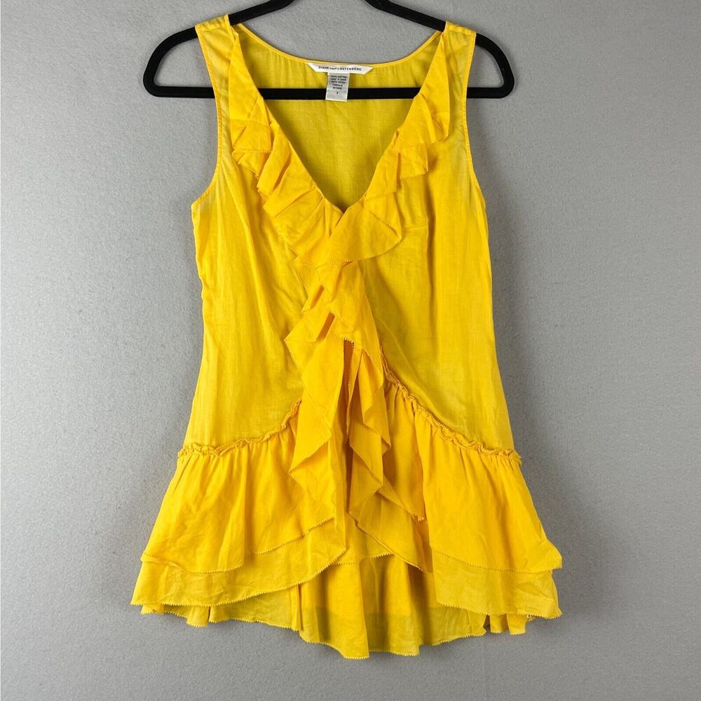 Diane Von Furstenberg Ruffle Top Women 2 Yellow Sleeveless Romantic Feminine DVF